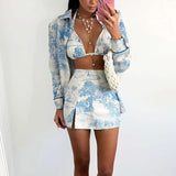 3-Piece Set Bralette, Mini Skirt & Oversized Shirt - S, Blue image