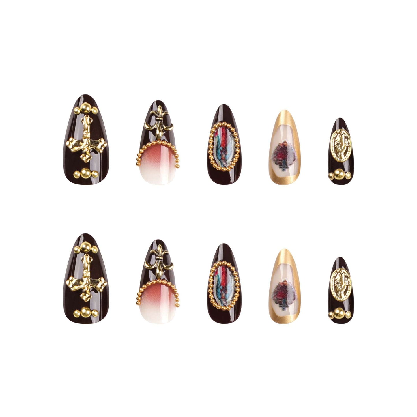 Press on Fake Nails with Vintage Golden Charms image 4