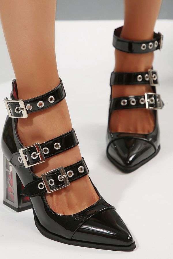 Edgy Pointed Toe Heels with Buckle Straps image 0