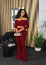 long sleeve ribbed shirt flared pants - XL, Barn Red image