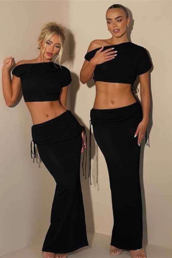 Sexy Low Rise  Drawstring Maxi Skirt Crop Top 2pcs Set image 1