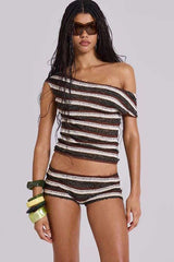 Striped Off-Shoulder  Top and Shorts Set image 1