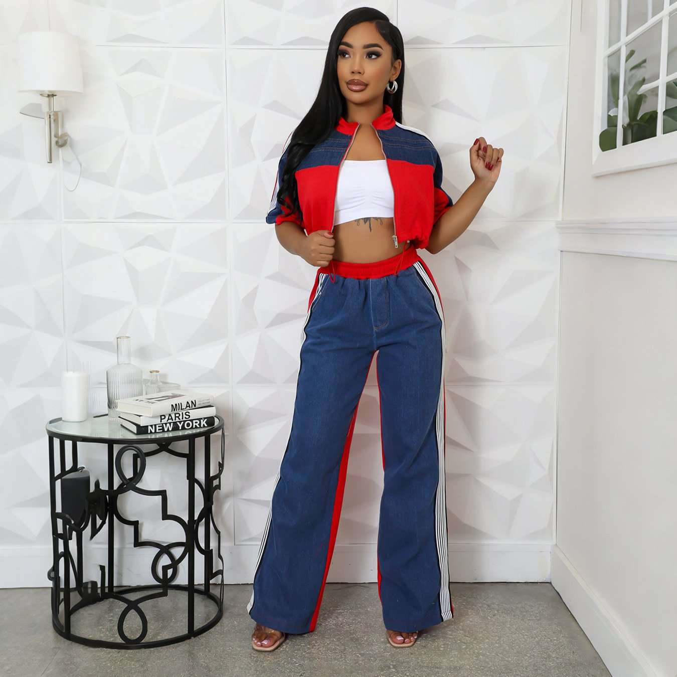 Colorblock Zip-Up Cropped Top & Pants Set - L, Red image