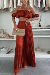 Off-Shoulder Pleated Two-Piece Set - L, Red image