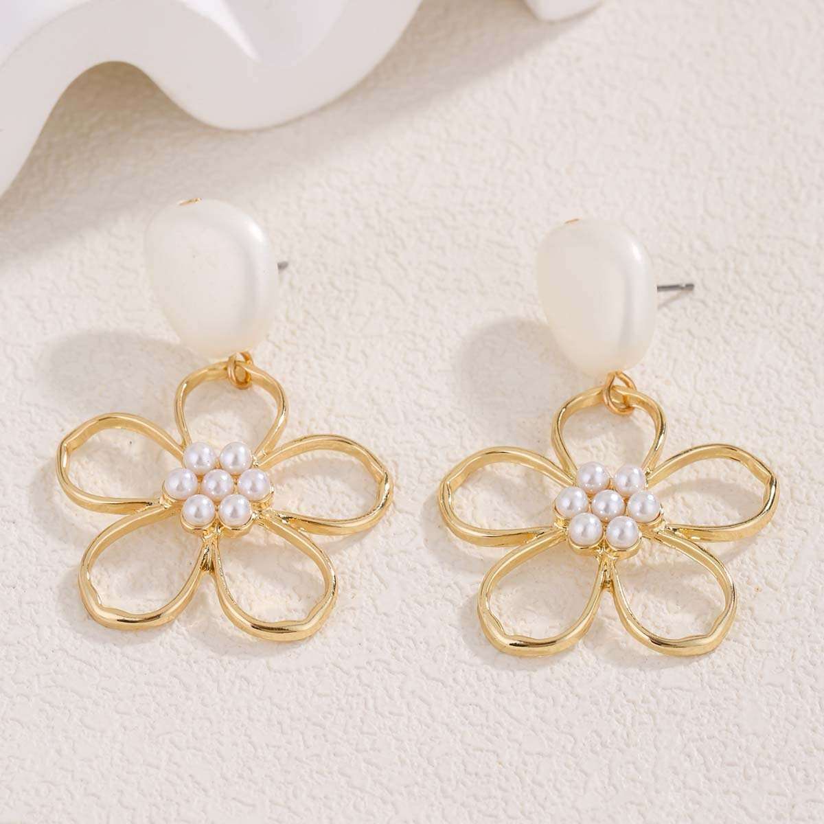 Elegant Gold and Pearl Flower Drop Earrings image 2