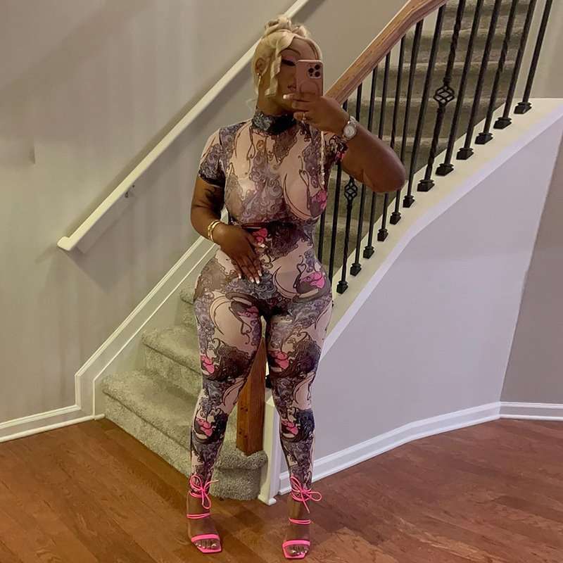 Print Mesh Bodycon  Jumpsuit - L, Pink image