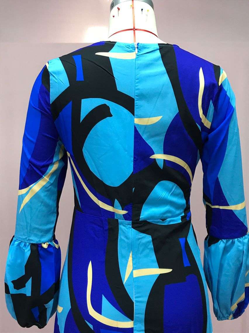 Blue Long Sleeve Abstract Patchwork Winter Fall Dress image 4