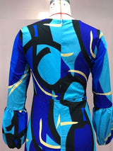 Blue Long Sleeve Abstract Patchwork Winter Fall Dress image 4