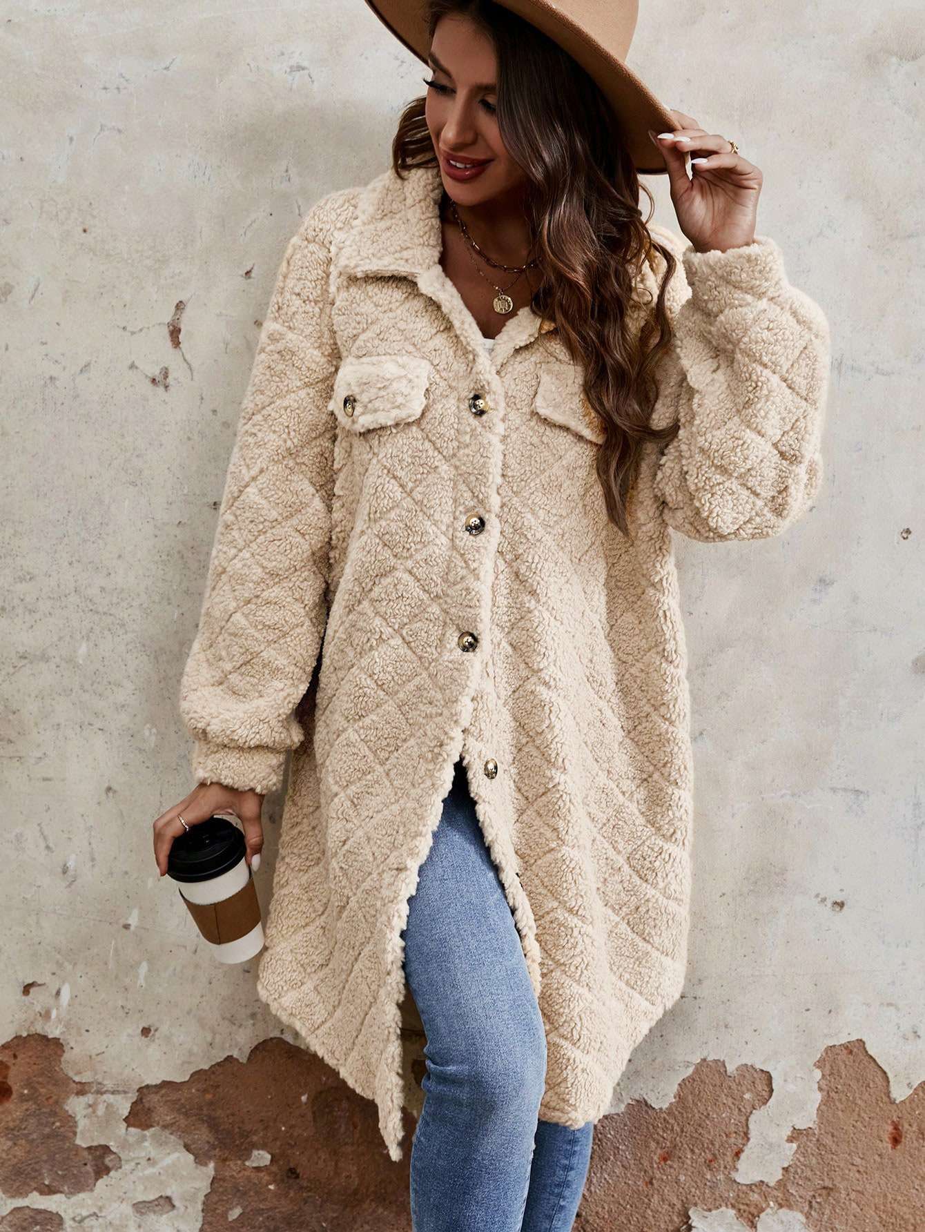 Button Up Drop Shoulder Long Sleeve Coat - L, Beige image