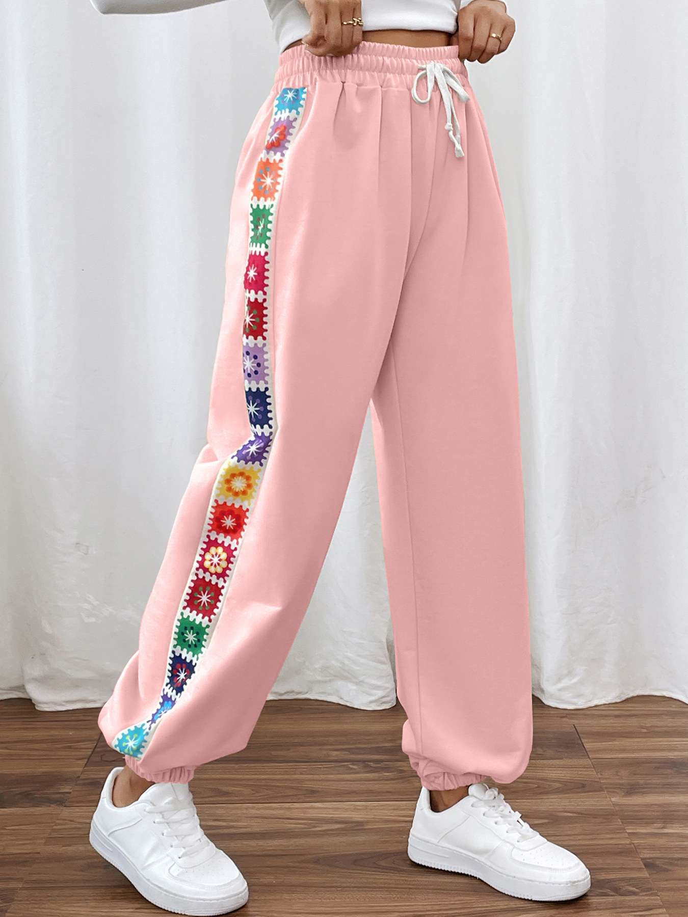 Colorful Side-Striped Lounge Pants - M, Pink image