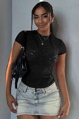 Floral Print Net Crop Top - S, Black image