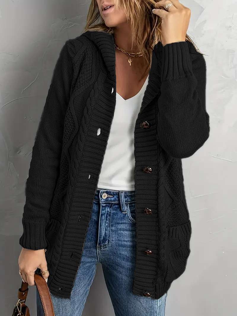 Cozy Cable Knit Button-Up Cardigan - XL, Black image