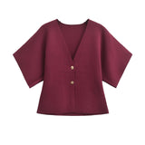 Short-Sleeve Buttoned Cardigan - M, Wine Red image