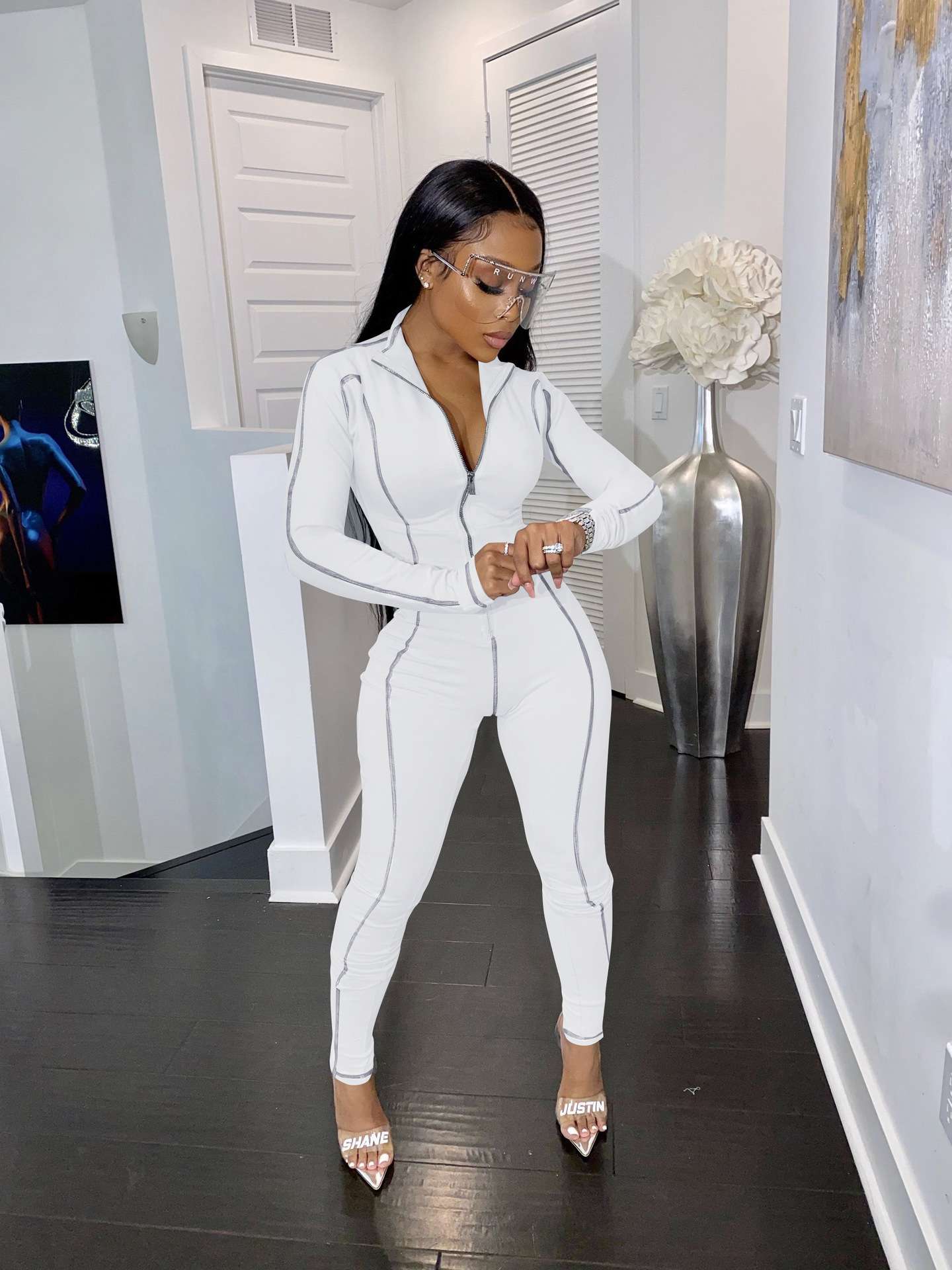Long Sleeve Zipper Romper Jumpsuit - S, White image