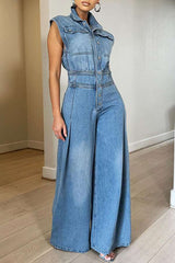Women's Dressy Sleeveless Button Front Wide Leg Denim Jumpsuit 1 image 0