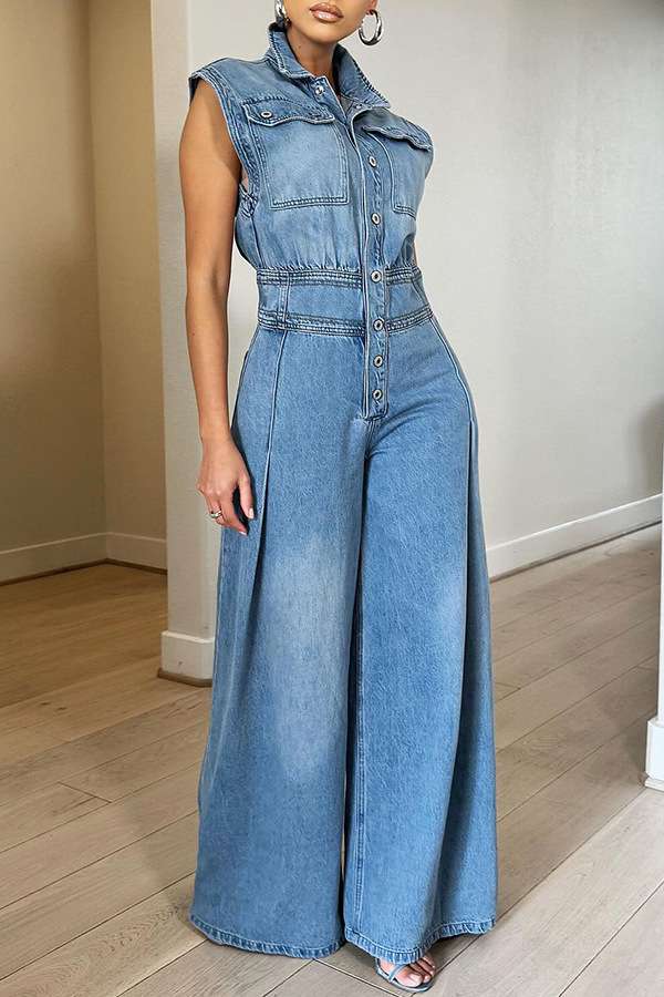 Women's Dressy Sleeveless Button Front Wide Leg Denim Jumpsuit 1 image 0