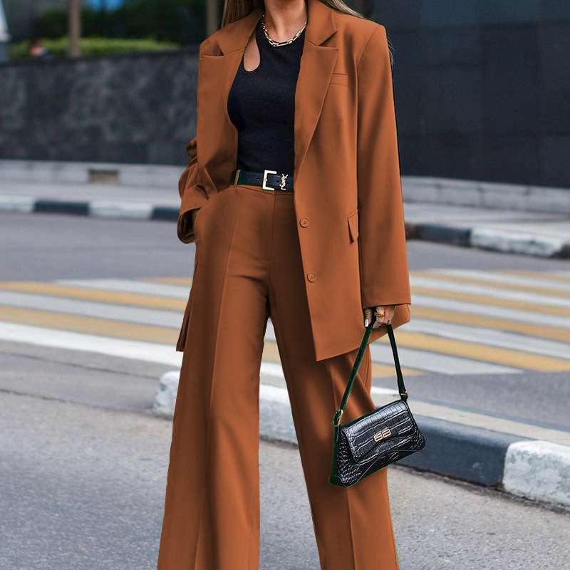 Long Sleeve Suit Top Casual Straight Pant Suit - M, Brown image