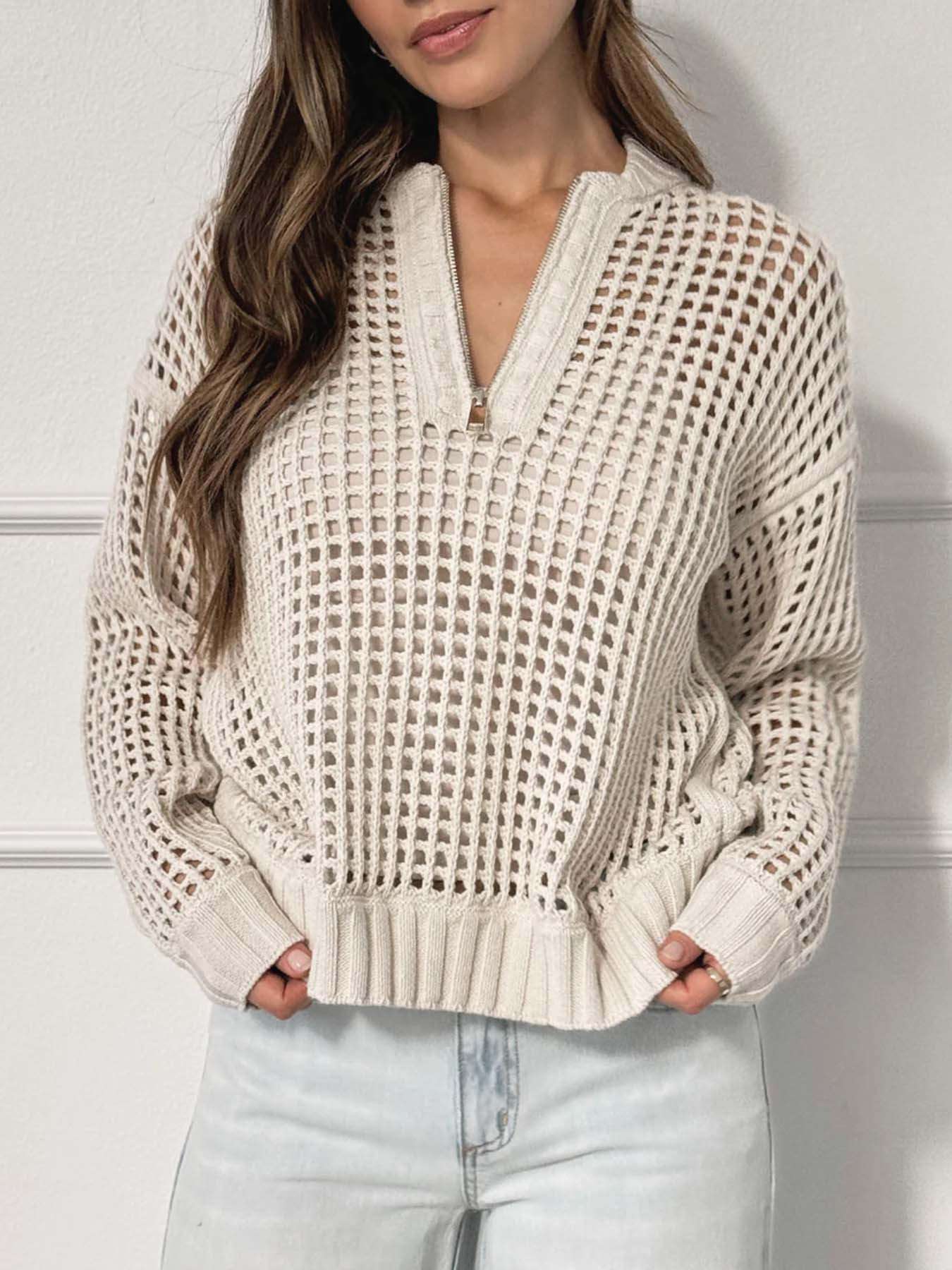 Cozy Open-Weave Knit Pullover - M, Beige image