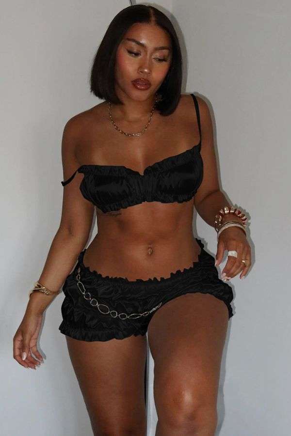 2-Piece Summer Ruched Sleeveless Crop Camisole & Shorts - L, Black image