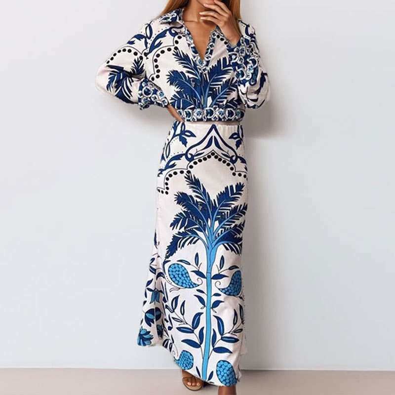 Printed Long Sleeve Blouse & Midi Skirts Set image 1