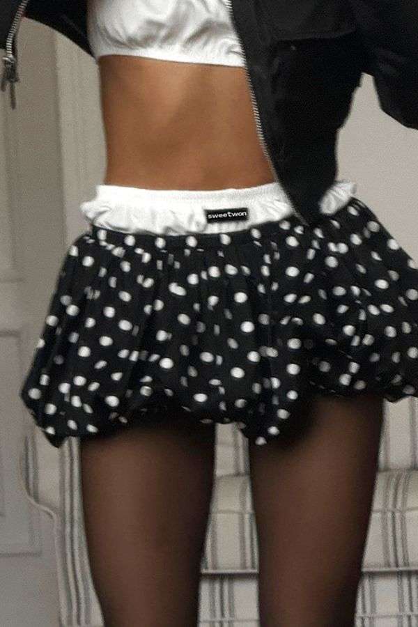 Polka Dot Ruffled Skirt with Elastic Waist - Black, M image