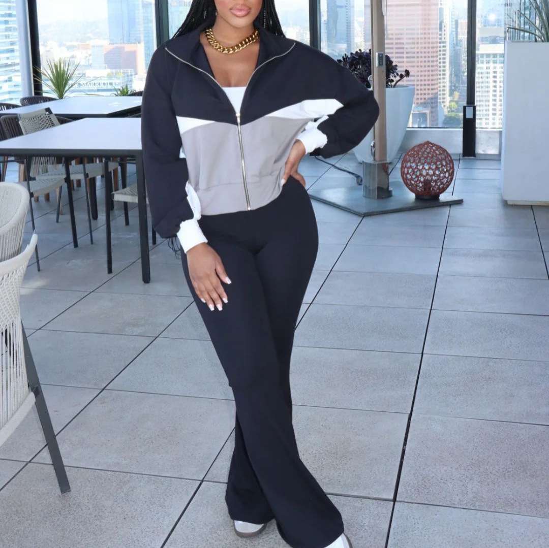 Colorblock Sweatshirt Fitted Pant Sets - XL, Black image