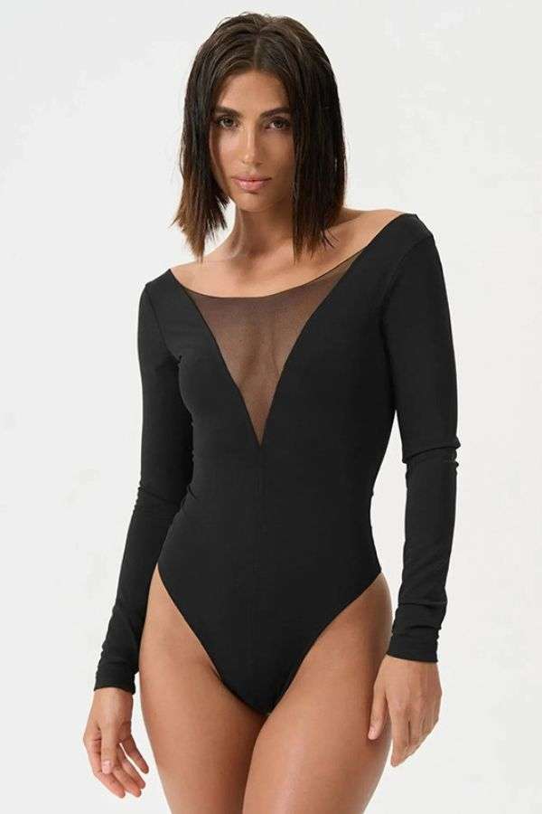Long Sleeve Bodysuit with Mesh Detail image 1