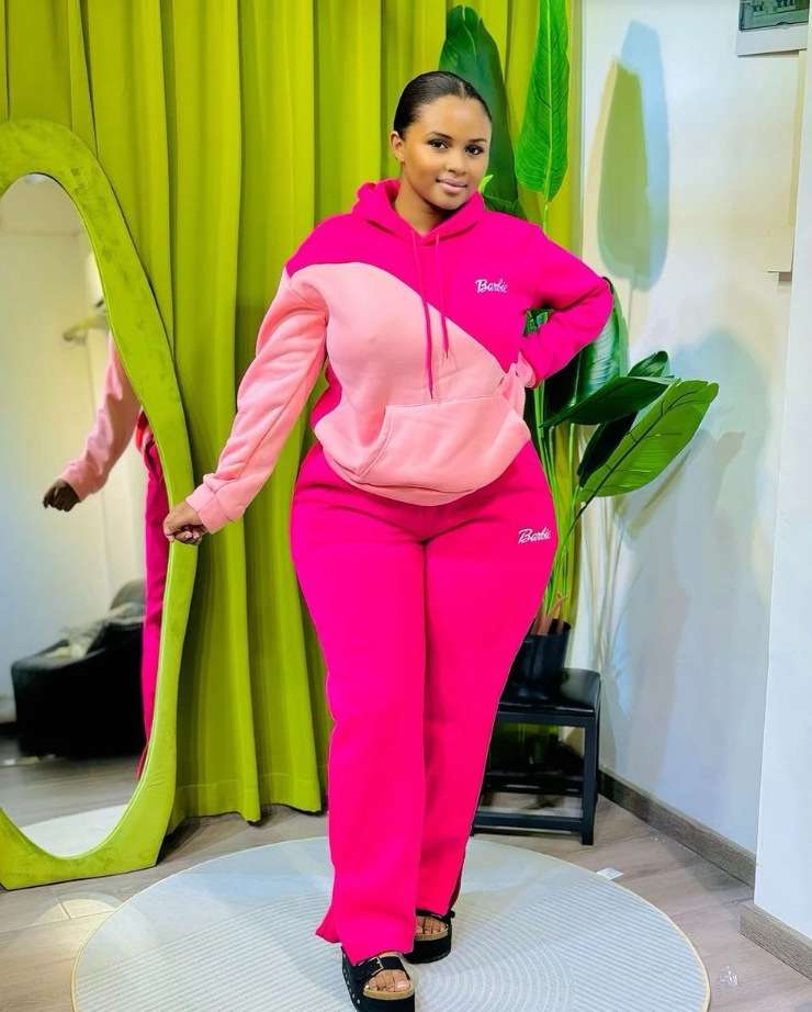 Contrast Color Casual Hoodies Sweatpants Set - XL, Pink image