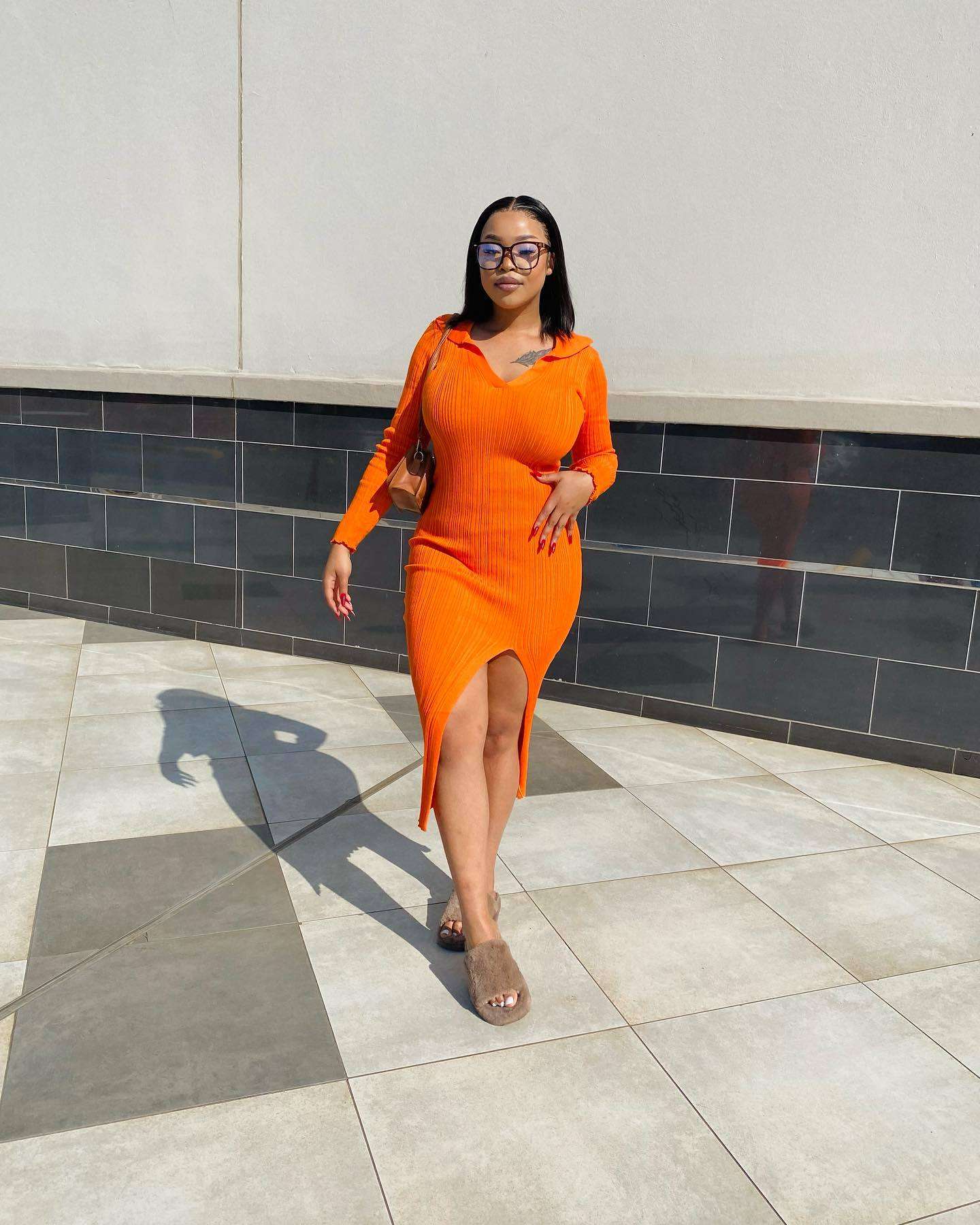 Collard Ribbed Midi Knit Pullover Sweater Dress - XL, Dark Orange image