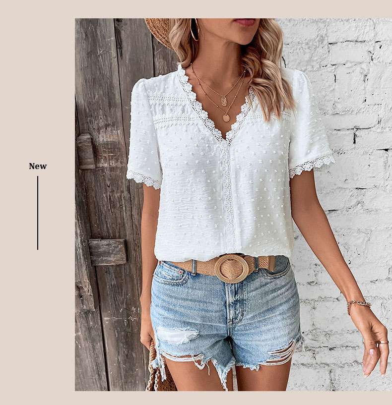 Crochet-Trim V-Neck Blouse - L, White image