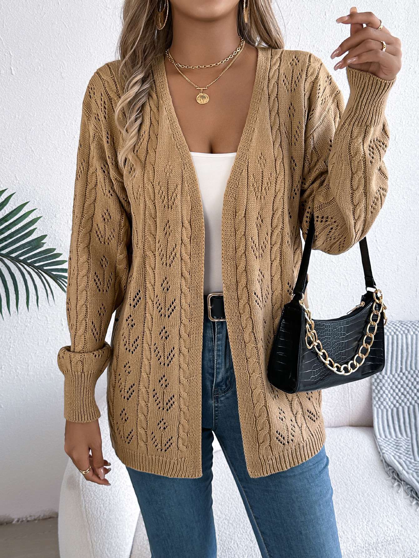 Knit Sweater Cardigan - M, Beige image