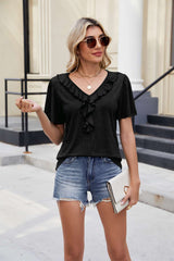 Ruffled V-Neck Short-Sleeve Top - M, Black image