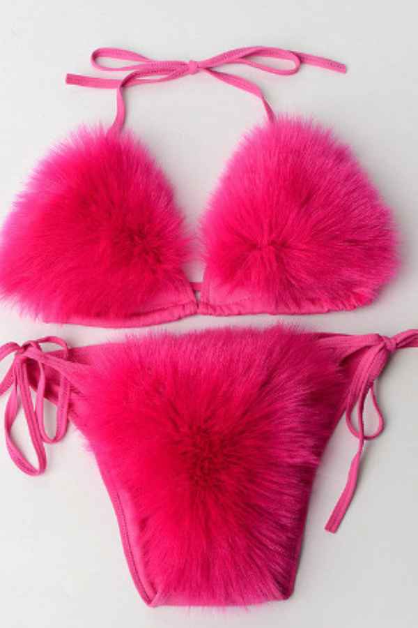 Sexy Fluffy Fur Bikini Swimwear Two Piece Set image 0