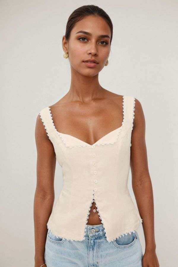 Crochet-Trim Button-Front Top image 0