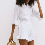 Button-Front Top and Ruffled Shorts Set image 3