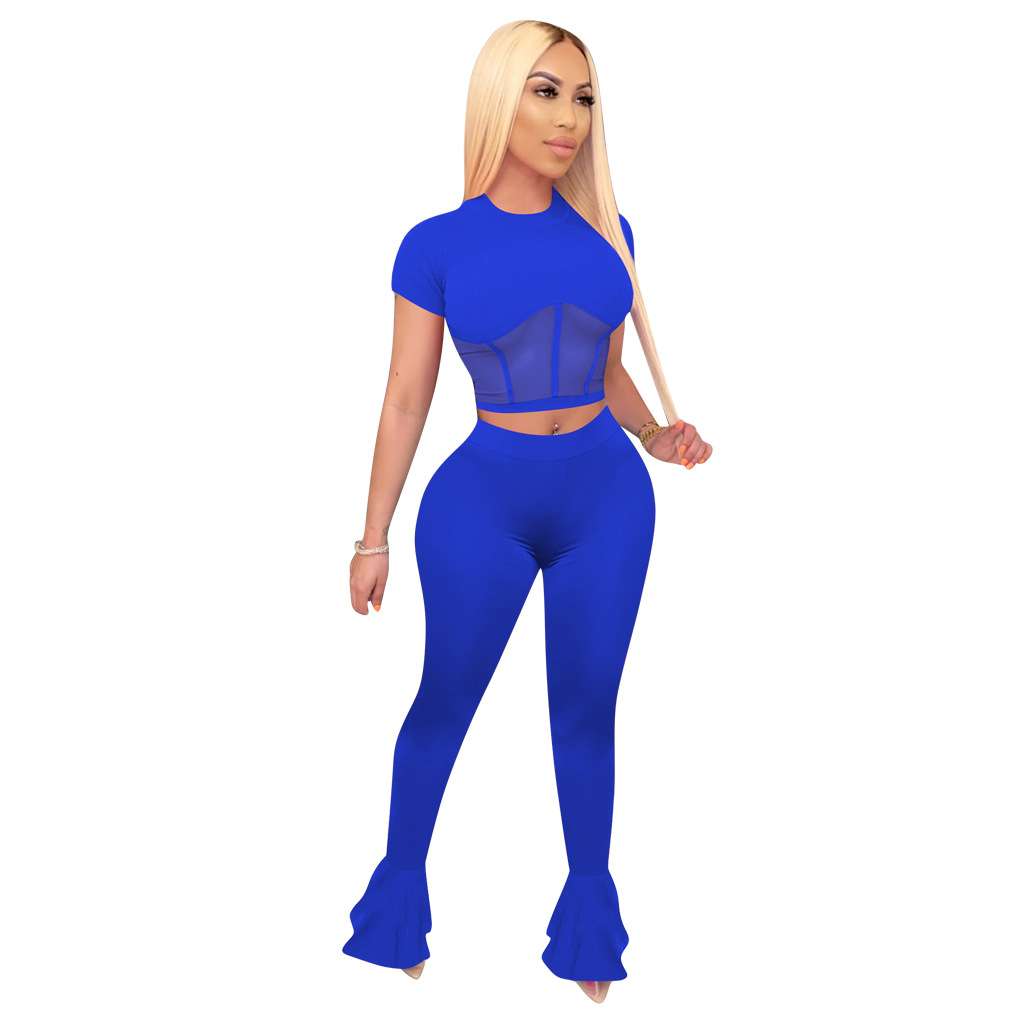 Mesh Short Sleeve Top and Flared Pants - XL, Deep Cobalt Blue image