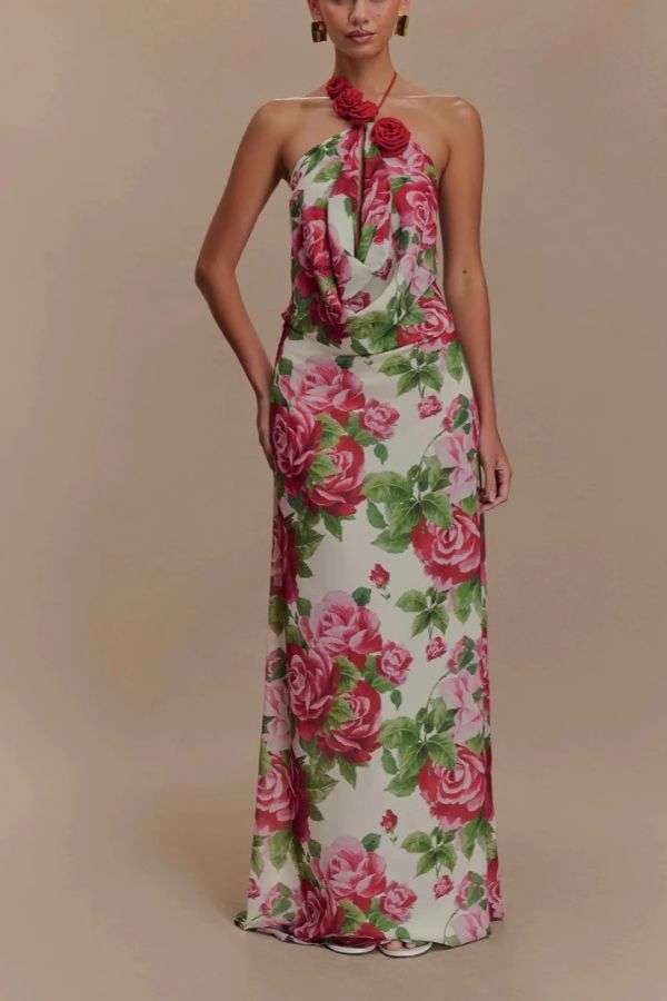 Rose-Print Halter Maxi Dress - M, Multi Red image