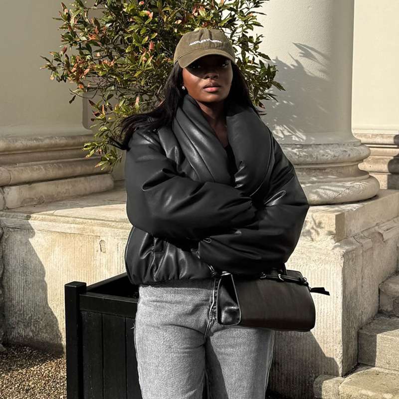 Faux Leather Puffer Jacket - L, Black image