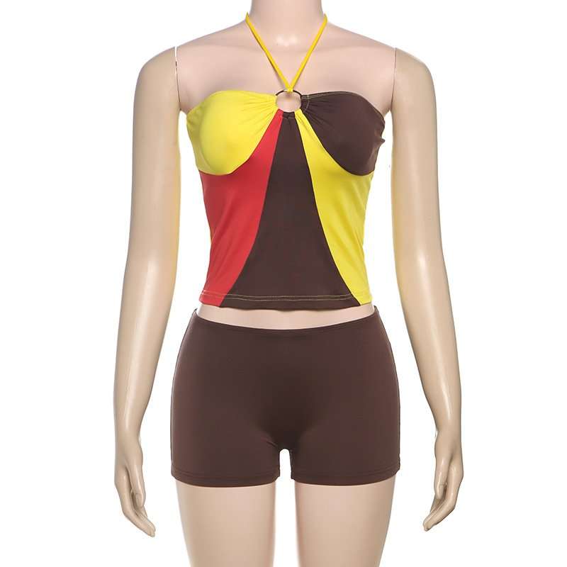 Colorblock Halter Ring Top and Shorts Set image 3