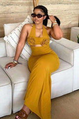 Halter Maxi Dress with Rose Detail - L, Yellow image