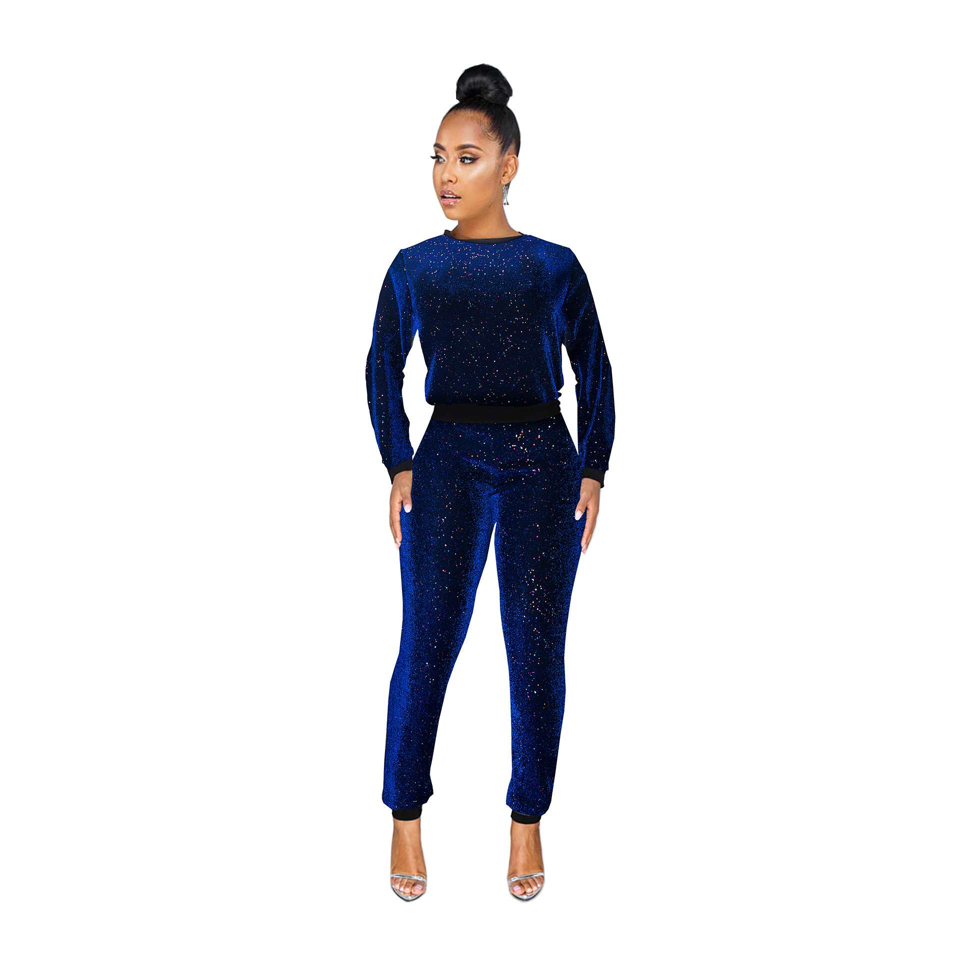 Glitter Sequin Stripe Top and Pants Set - L, Dark Blue image