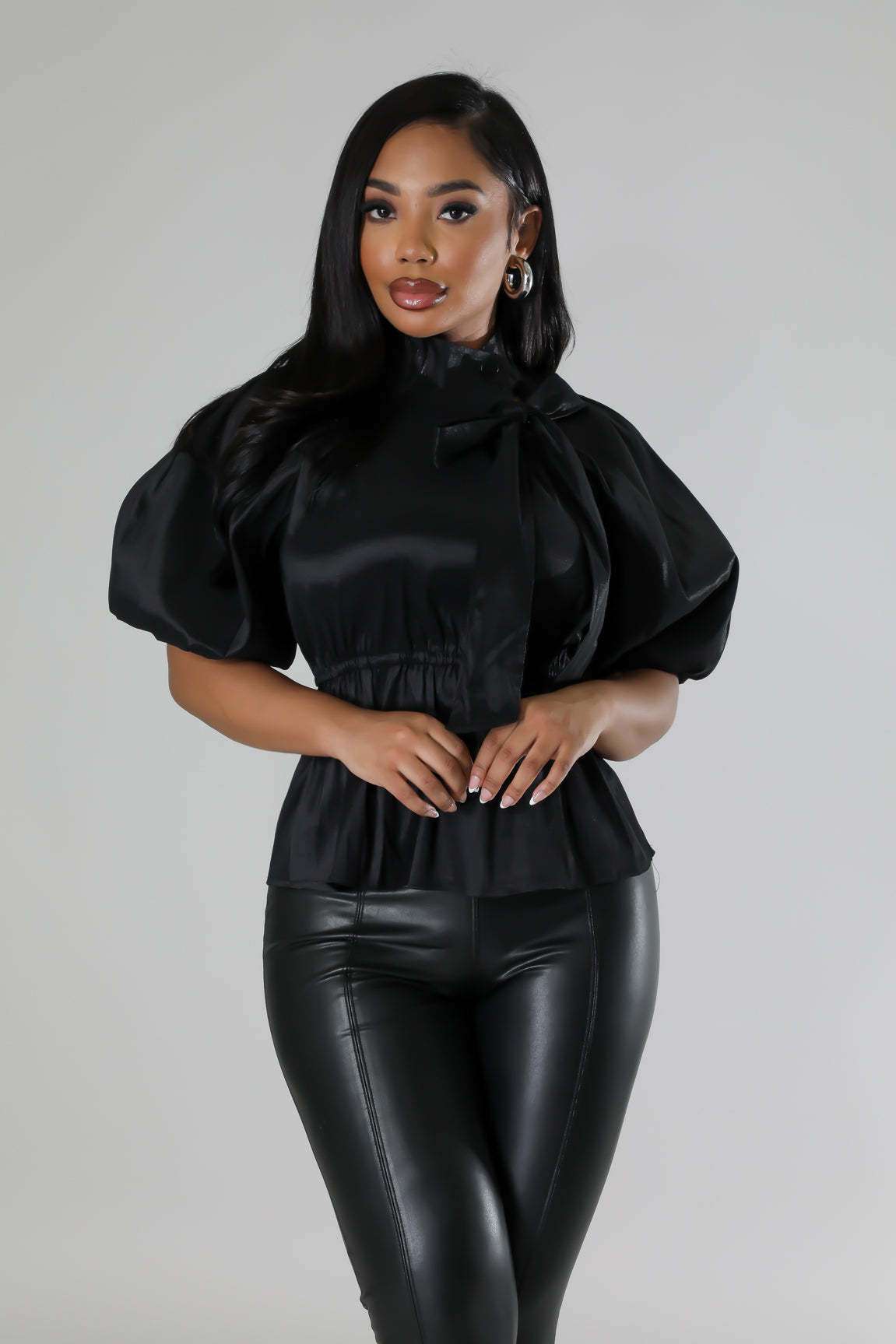 Satin Elegance Bow-Tie Blouse - L, Black image