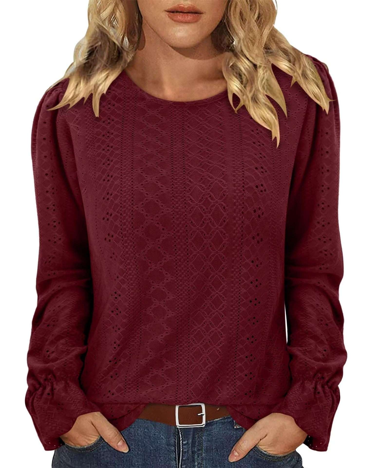 Elegant Eyelet Long-Sleeve Blouse - S, Red image