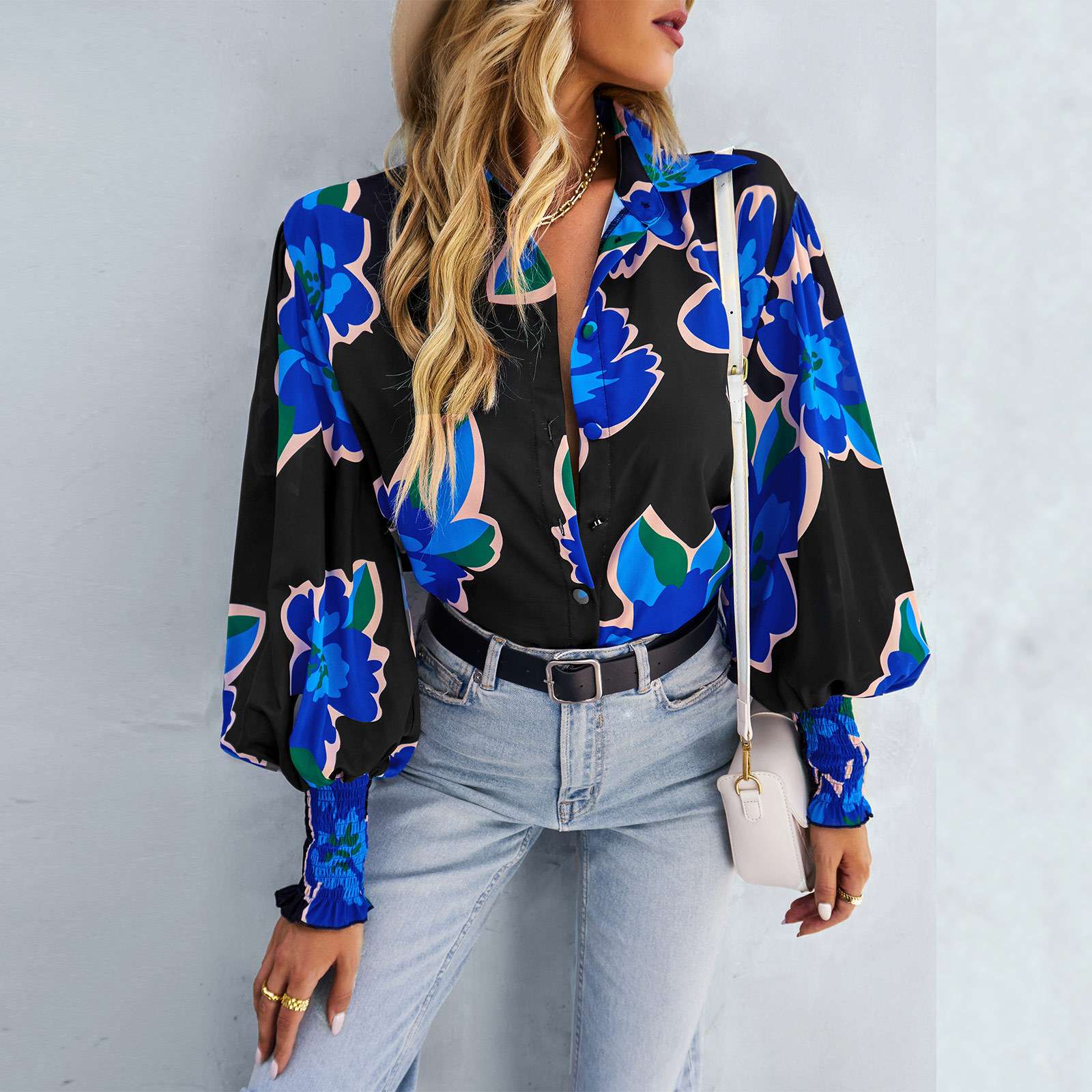 Long-Sleeved Versatile Shirt - S, Multi Blue image