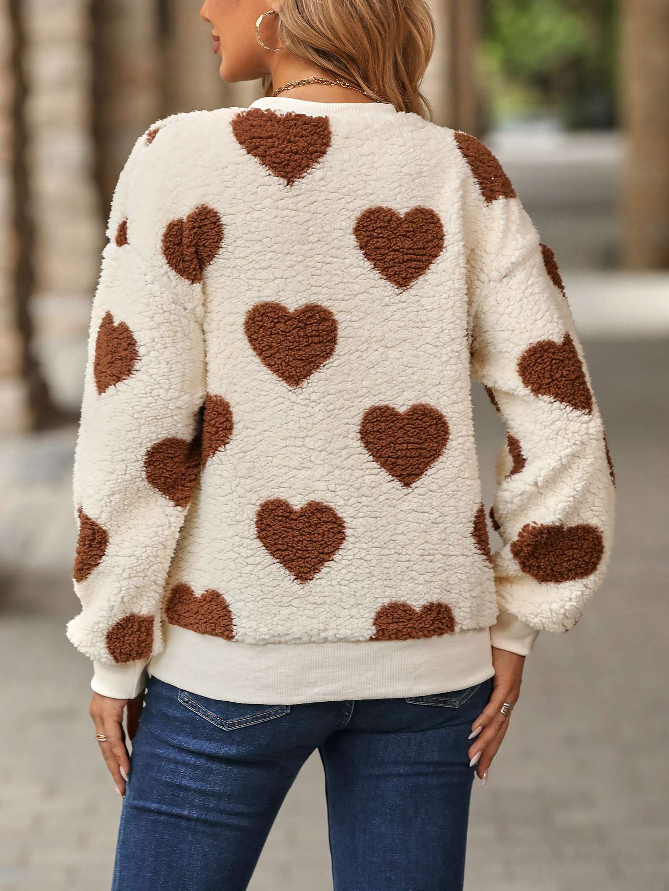 Heart Printed Loose Fuzzy Fleece Pullover image 3