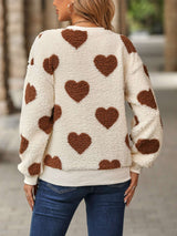 Heart Printed Loose Fuzzy Fleece Pullover image 3