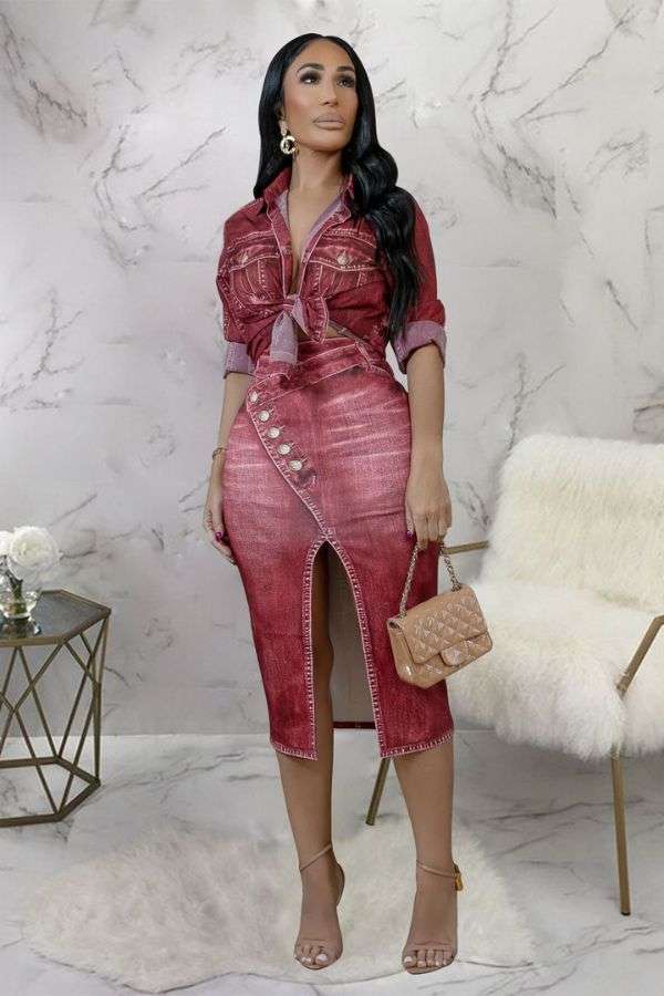 Two-Piece Set: Long Sleeve Tops &amp; Midi Skirt image 0