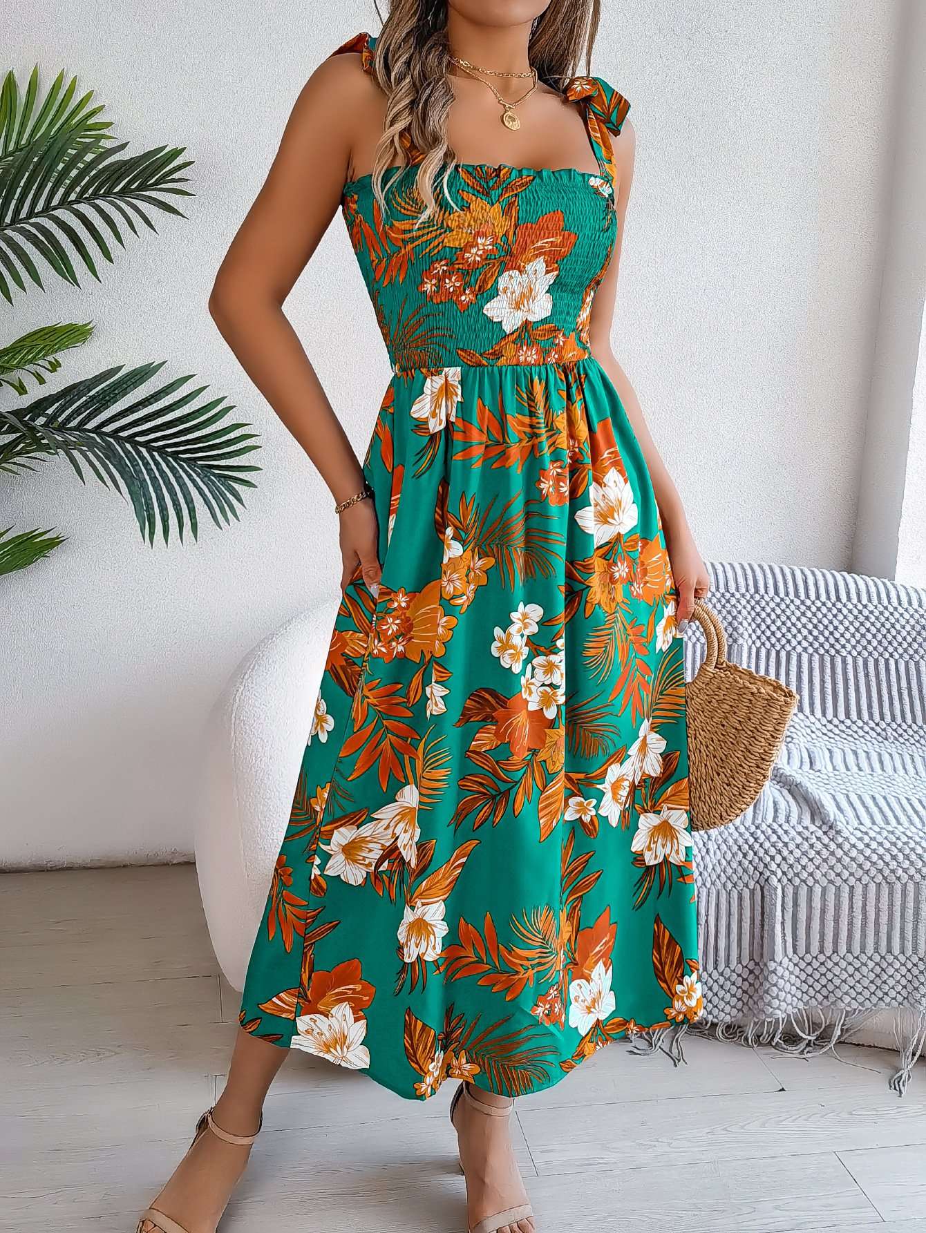 Tropical Print Smocked Maxi Dress image 3