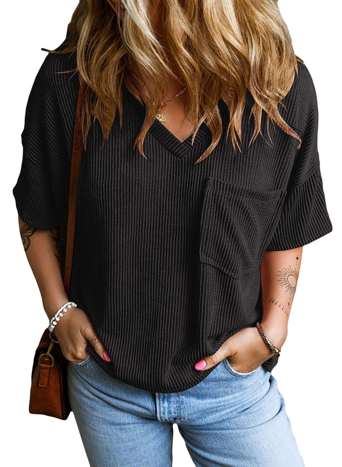Textured V-Neck Short Sleeve Top image 4