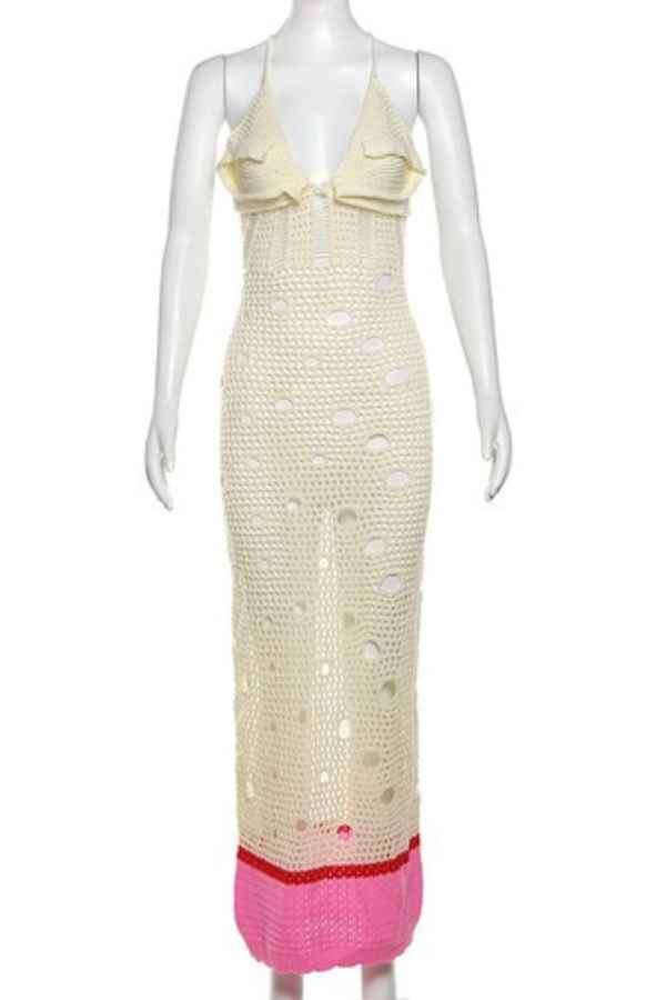 Sexy Ripped Crochet Cross Halter Back Resort Maxi Dress image 3